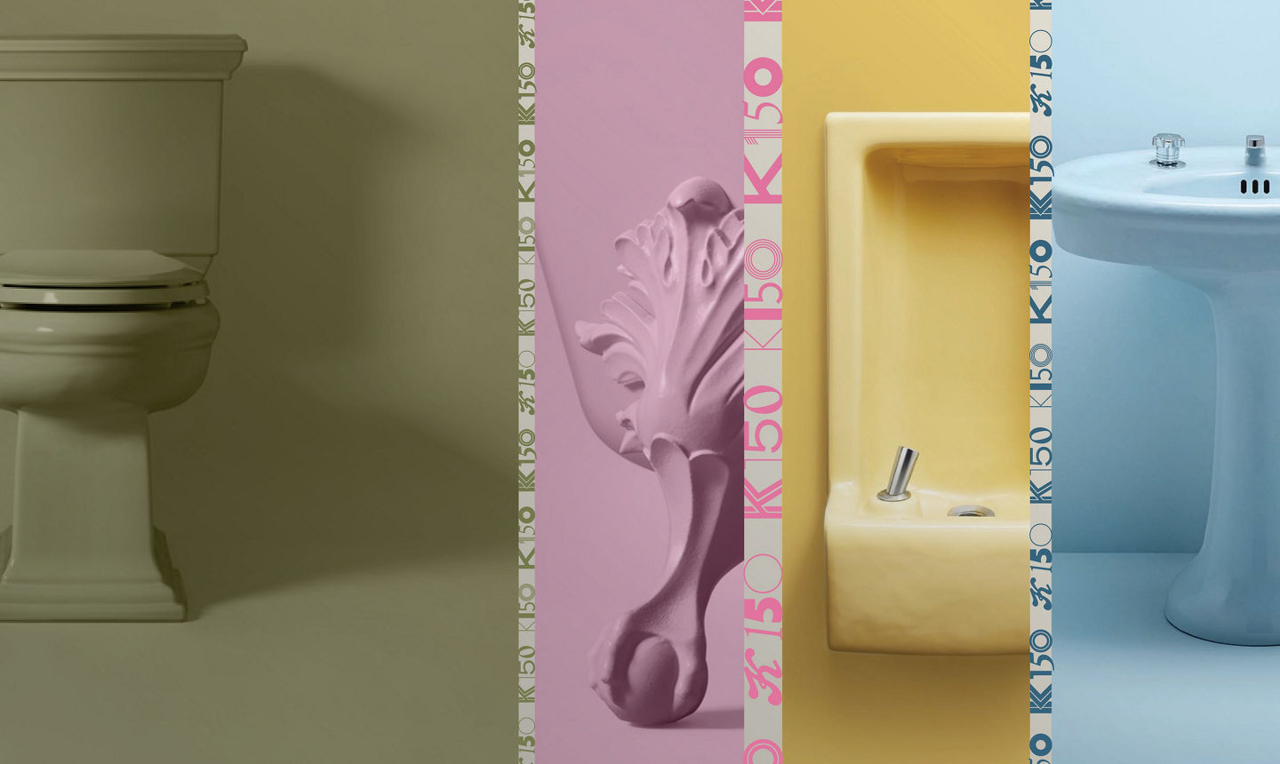 Composite of four close-up images of KOHLER products in vintage colors, featuring an Avocado green toilet, pink claw-foot bath tub, orange sink, and powder blue pedistal sink. A ribbon of Kohler's 150th anniversary logo separates the four images.
