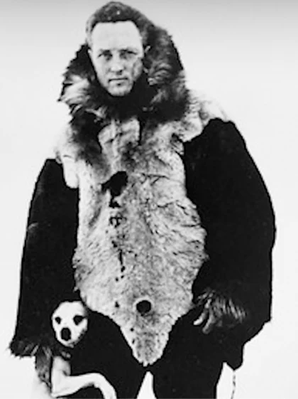 A black and white image of Admiral Richard Byrd on an antarctic exploration of the South Pole in 1929.